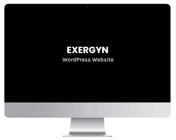 The image shows a computer monitor displaying a screen with the word "EXERGY" prominent at the top and the phrase "WordPress Website" underneath.